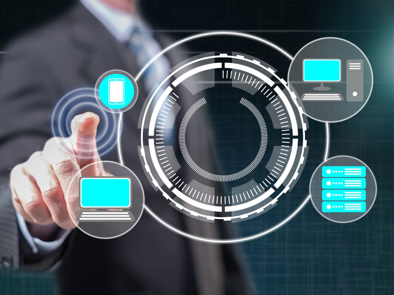 Man touching a devices connection concept on a touch screen with his fingers