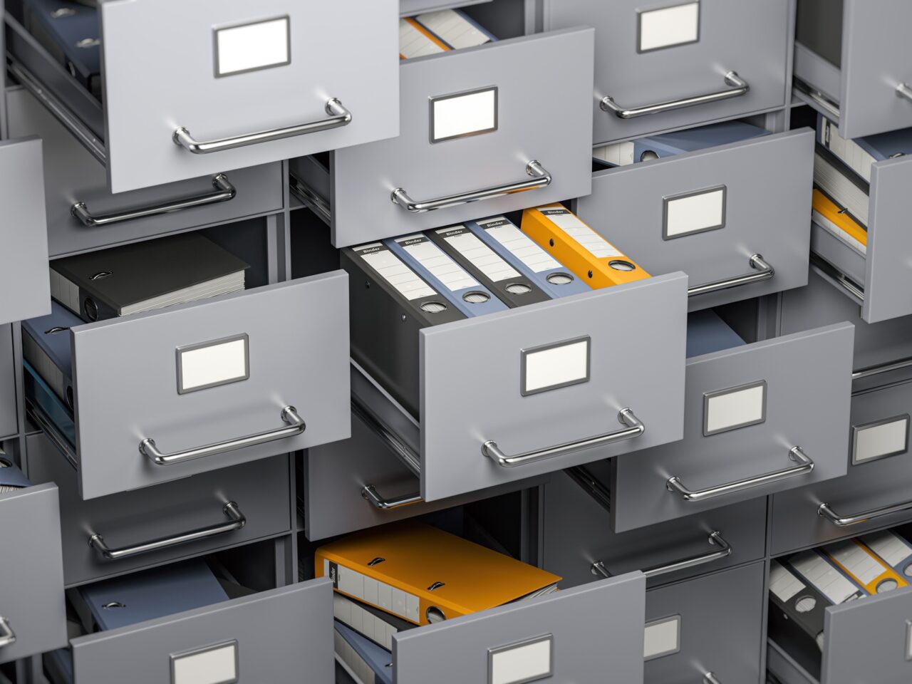 File cabinet full of foders. Storage, organization and administration concept. 3d illustration